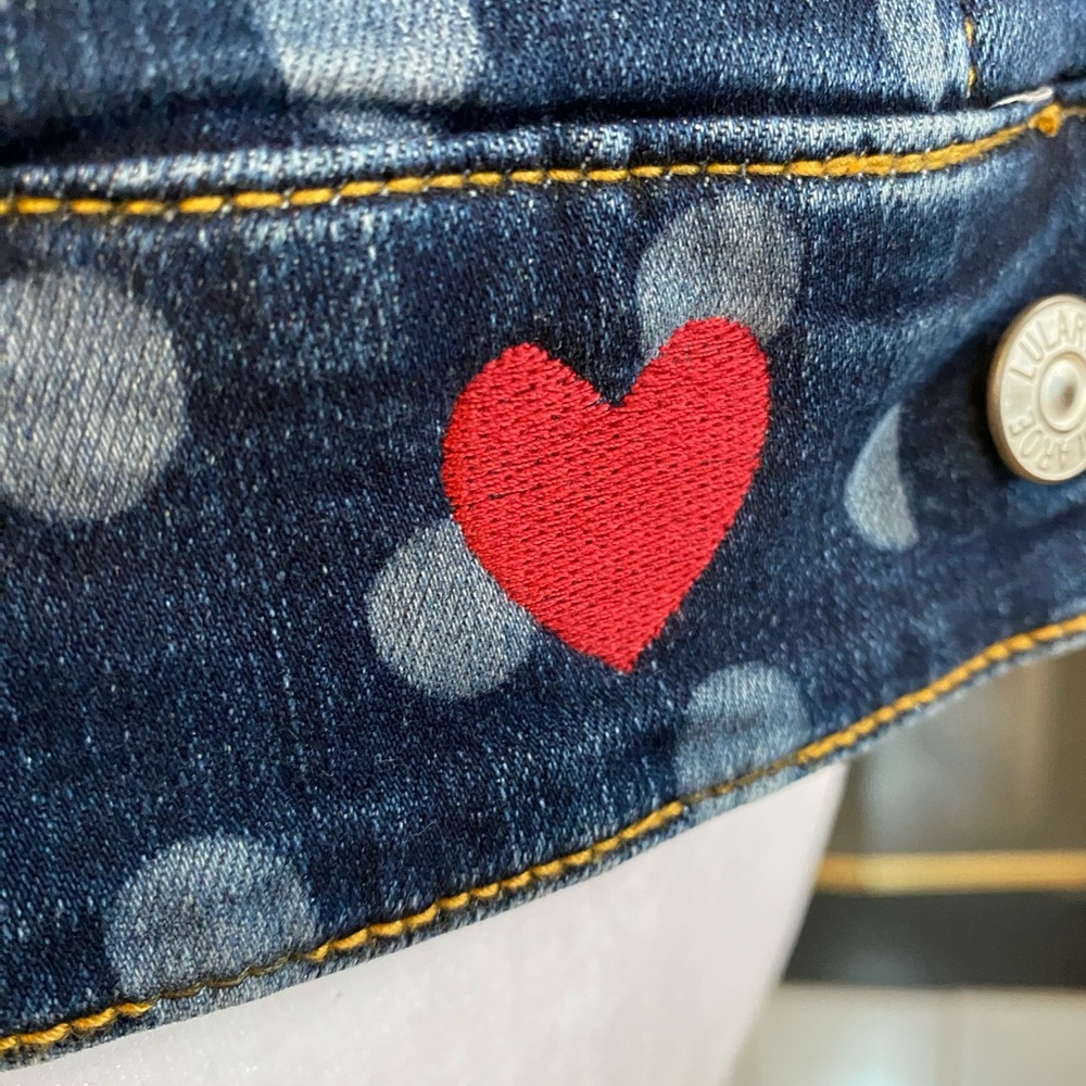 LulaRoe Kenny Denim Jacket Polka Dot, Hearts, Dark/Light Blue, Size Extra Small - Picture 4 of 13